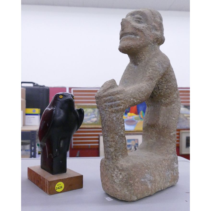 2pc Museum Reproduction Sculptures- Egyptian Falcon & Mayan Stone- 8'' to 15''