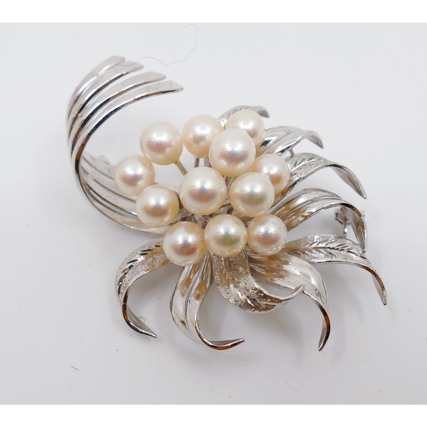 Sterling and Real Pearl Spray Brooch- 2.25'' (missing pinback)