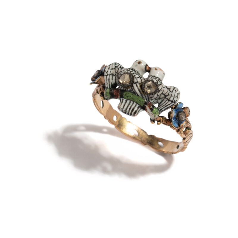 ANTIQUE, ENAMEL AND DIAMOND LOVEBIRDS RING