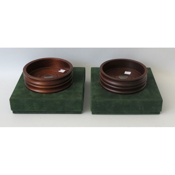 PAIR OF BOXED HUGH JOHNSON SILVER MOUNTED WOODEN BOTTLE COASTERS