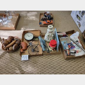 4 Bxs of Wood Fruit, Bicycle Clock and Assorted Items