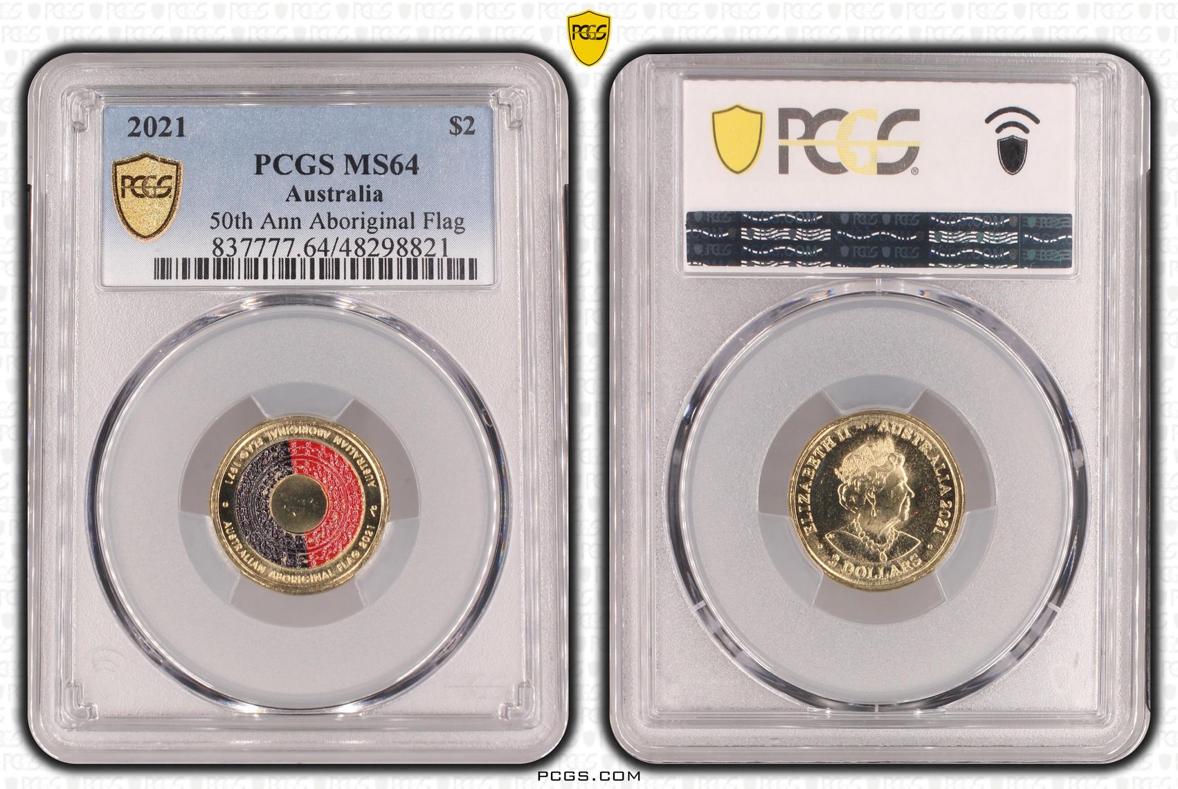 Elizabeth II, 50th Ann Aboriginal Flag Colorized, Two Dollar, 2021, PCGS MS64