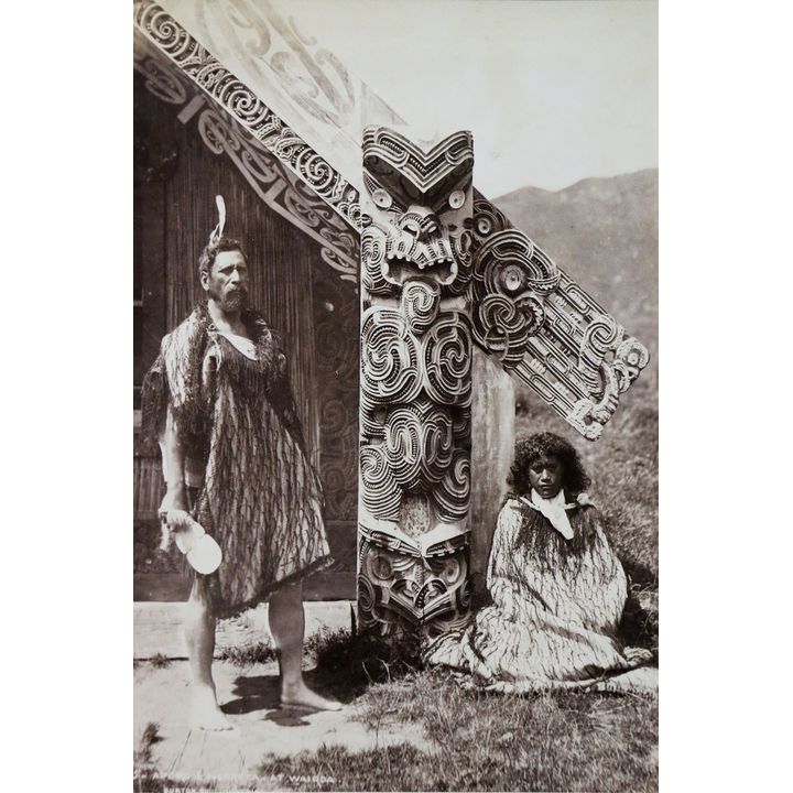 BURTON BROS - Albumen print - Aporo & Ngareta at Wairoa [With Hinemihi in the background]