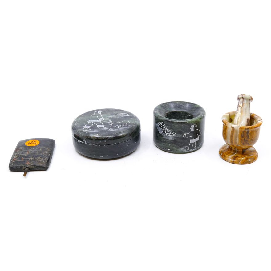 4pc Onyx & Soapstone Mortar & Pestle, Round Box etc.