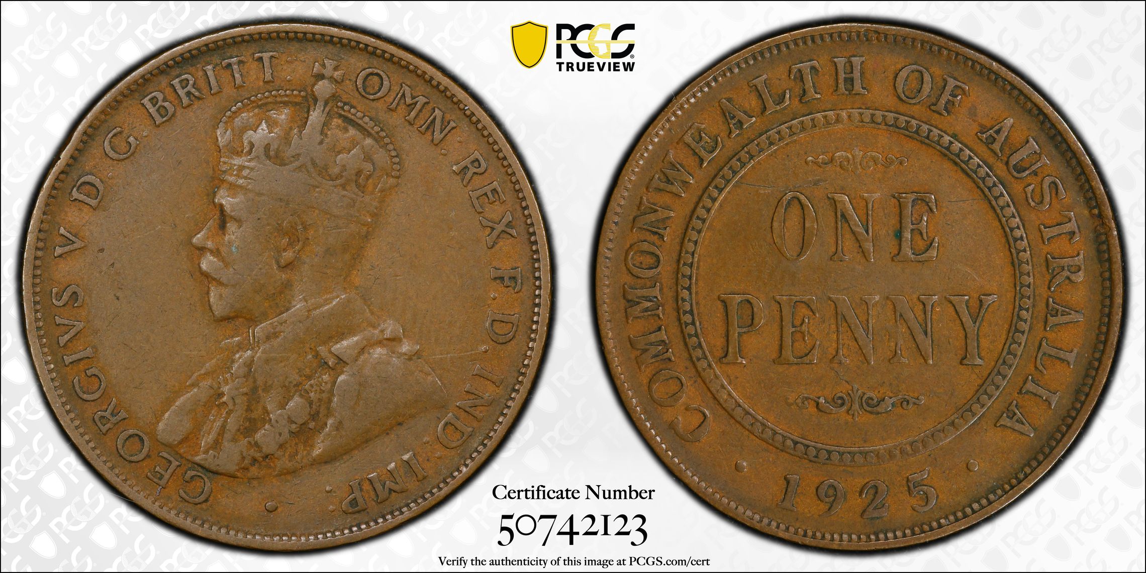 George V, Penny, 1925, PCGS VF20BN