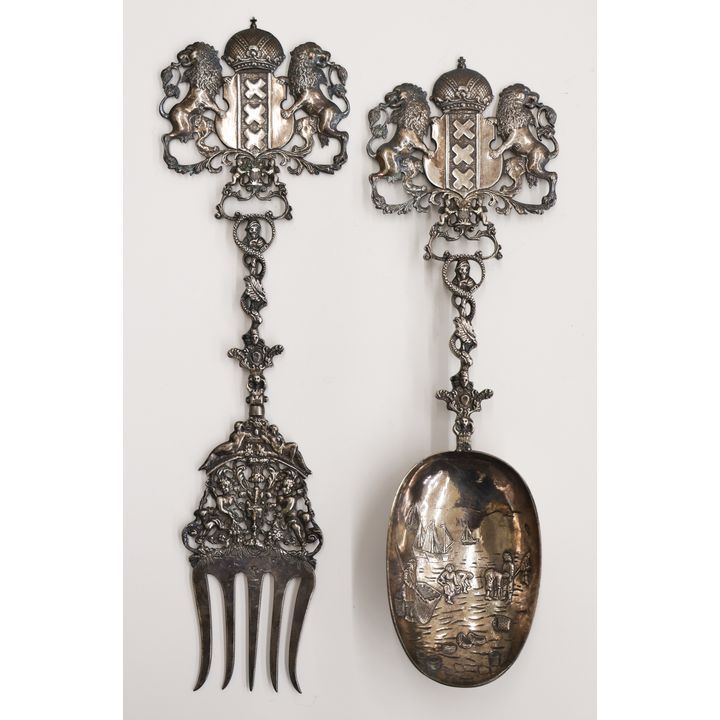 Pair of Ornate Dutch Silver Armorial Stem Servers