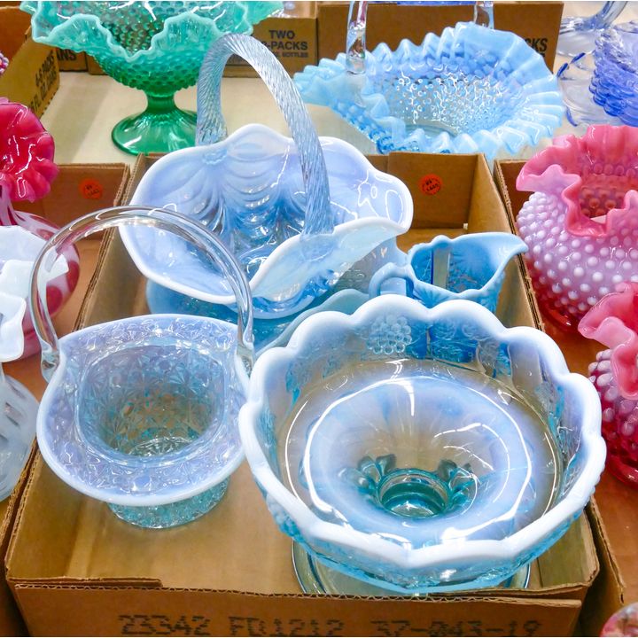 Box 5pc Blue Opalescent Glass Baskets etc.