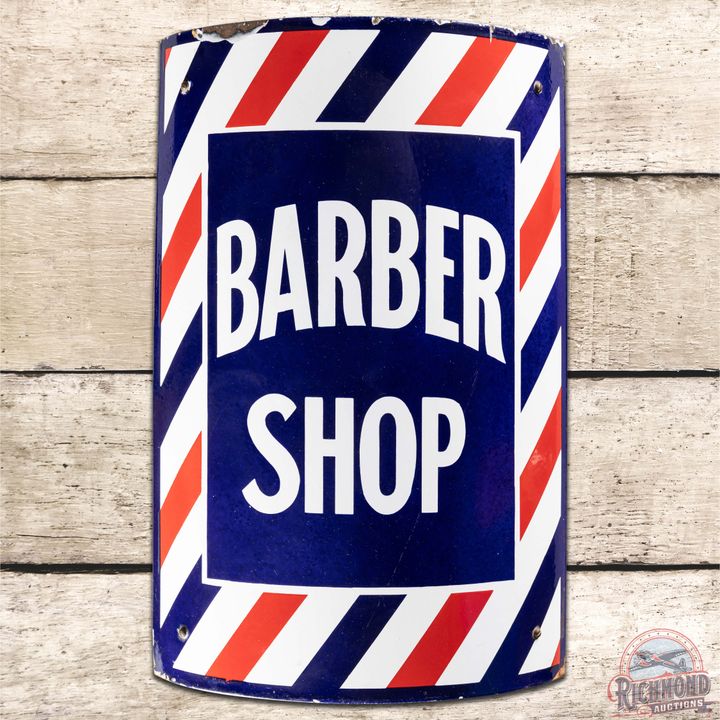 Barber Shop Curved SS Porcelain Sign w/ Brackets