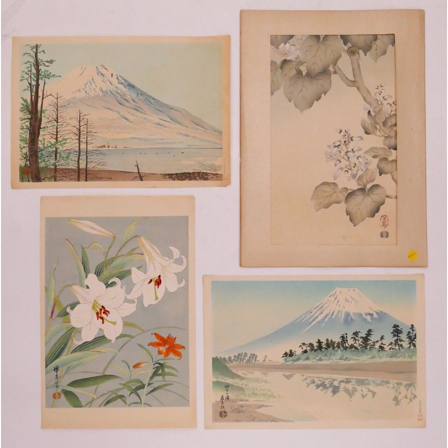 4pc Japanese Mount Fuji & Flower Woodblock Prints