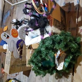 Large pile of decorations and misc things, doll basket