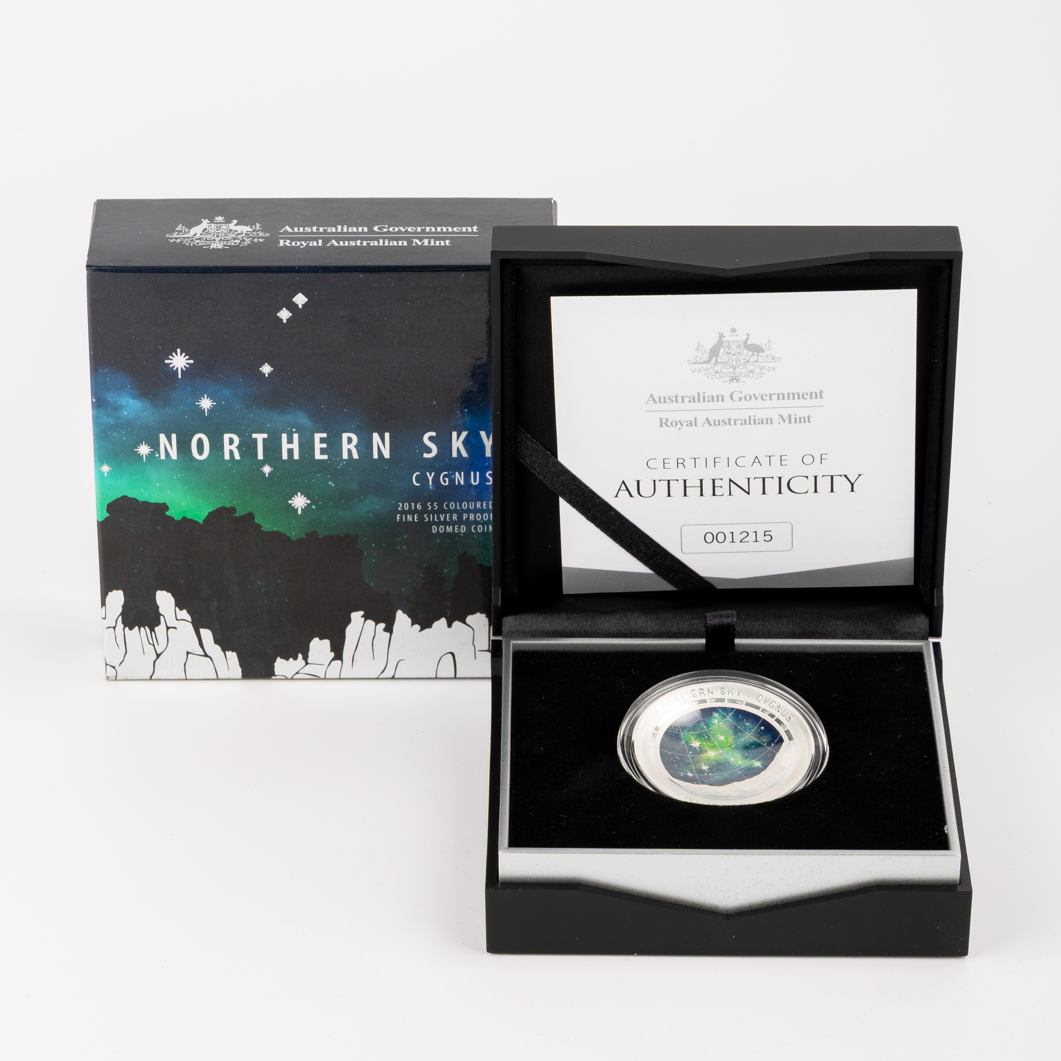 120 · Northern Sky Cygnus Silver Proof Domed Coin, Five Dollars, 2016