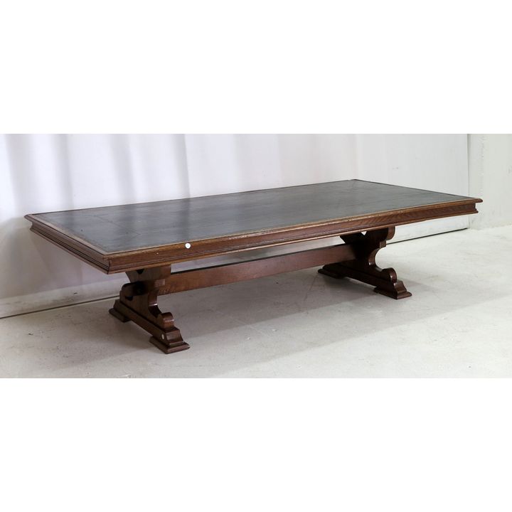 LARGE TOOLED LEATHER INLAID OAK COFFEE TABLE