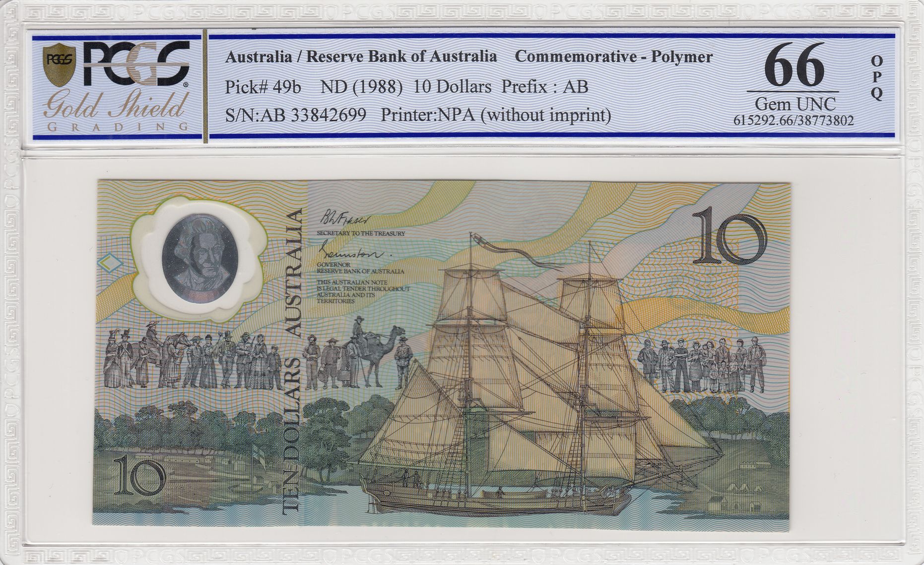 Fraser/Johnston, Commemorative, Prefix: AB, Ten Dollar, 1988, PCGS Gem UNC 66 PPQ