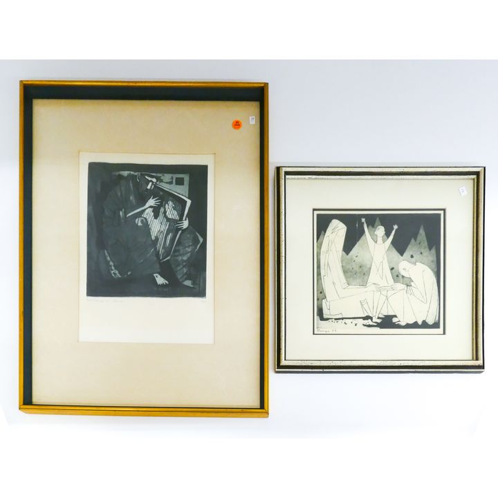 2pc German Modernist 1950's Etchings Framed