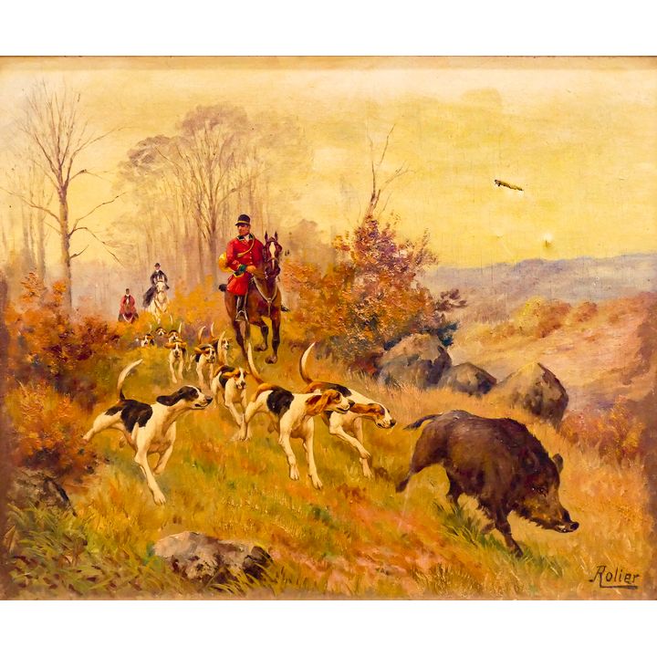 English Hunt Scene Oil Painting signed Rolier Framed- 28x33''-