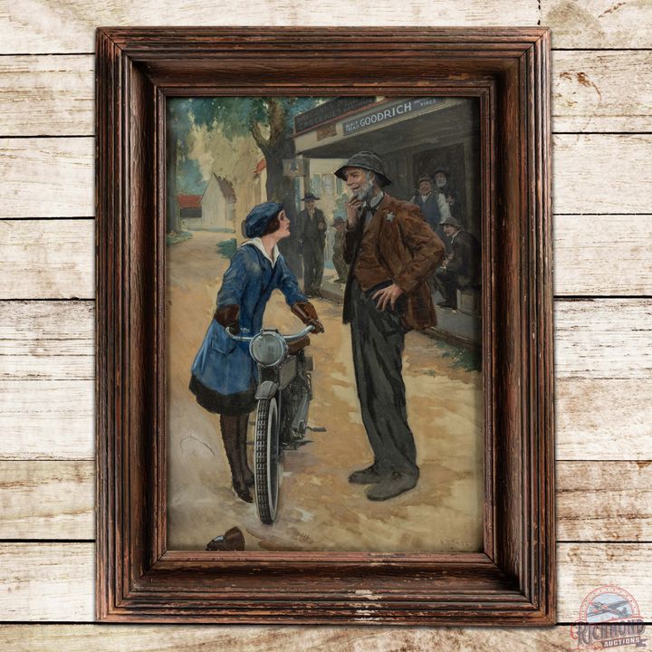 AB Frost Town Scene Watercolor Painting w/ Motorcycle & Policeman