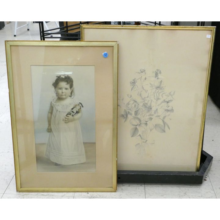 2pc Antique Child and Floral Drawings Framed 26''x20'' Approx.