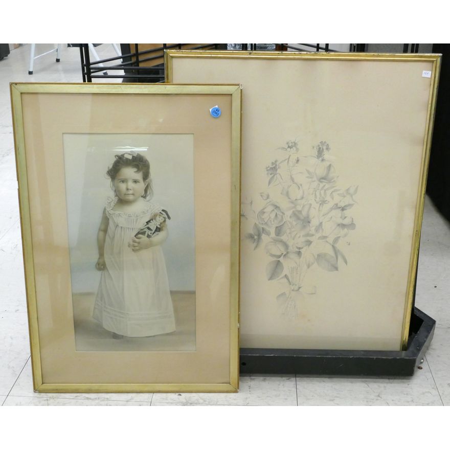 2pc Antique Child and Floral Drawings Framed 26''x20'' Approx.