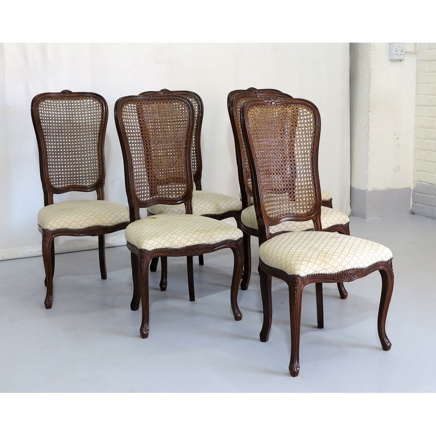 SET OF 6 HIGHBACK RATTAN UPHOLSTERED DINING CHAIRS one back loose