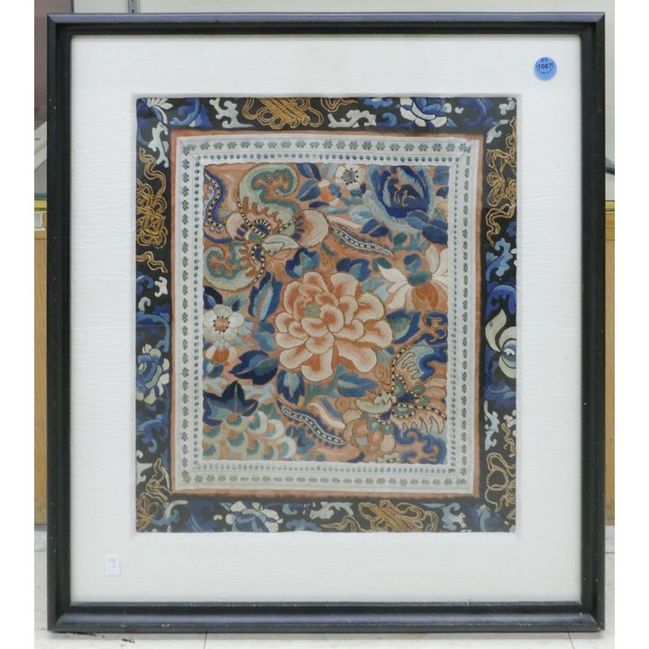 Old Chinese Forbidden Stitch Silk Framed Panel 20''x18.5''