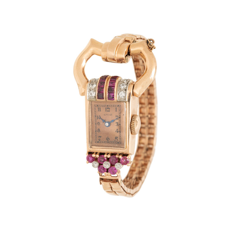 RETRO, GLYCINE, 14K ROSE GOLD, DIAMOND, AND RUBY WATCH