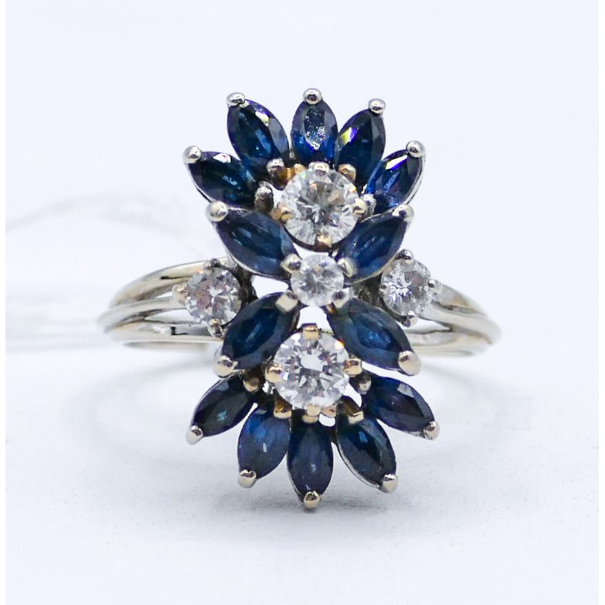 Ladies 14k Sapphire & Diamond Spray Ring Size 8 - 5 Grams