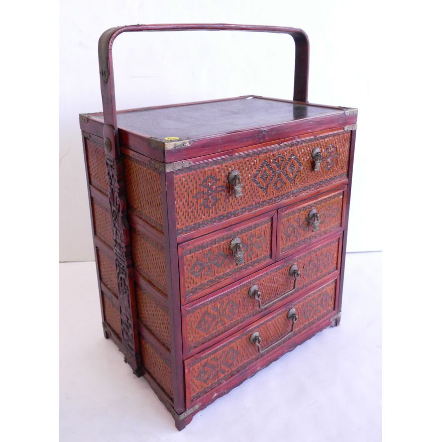 Old Chinese Lacquered Wedding Basket with Drawers- 24x16x11''