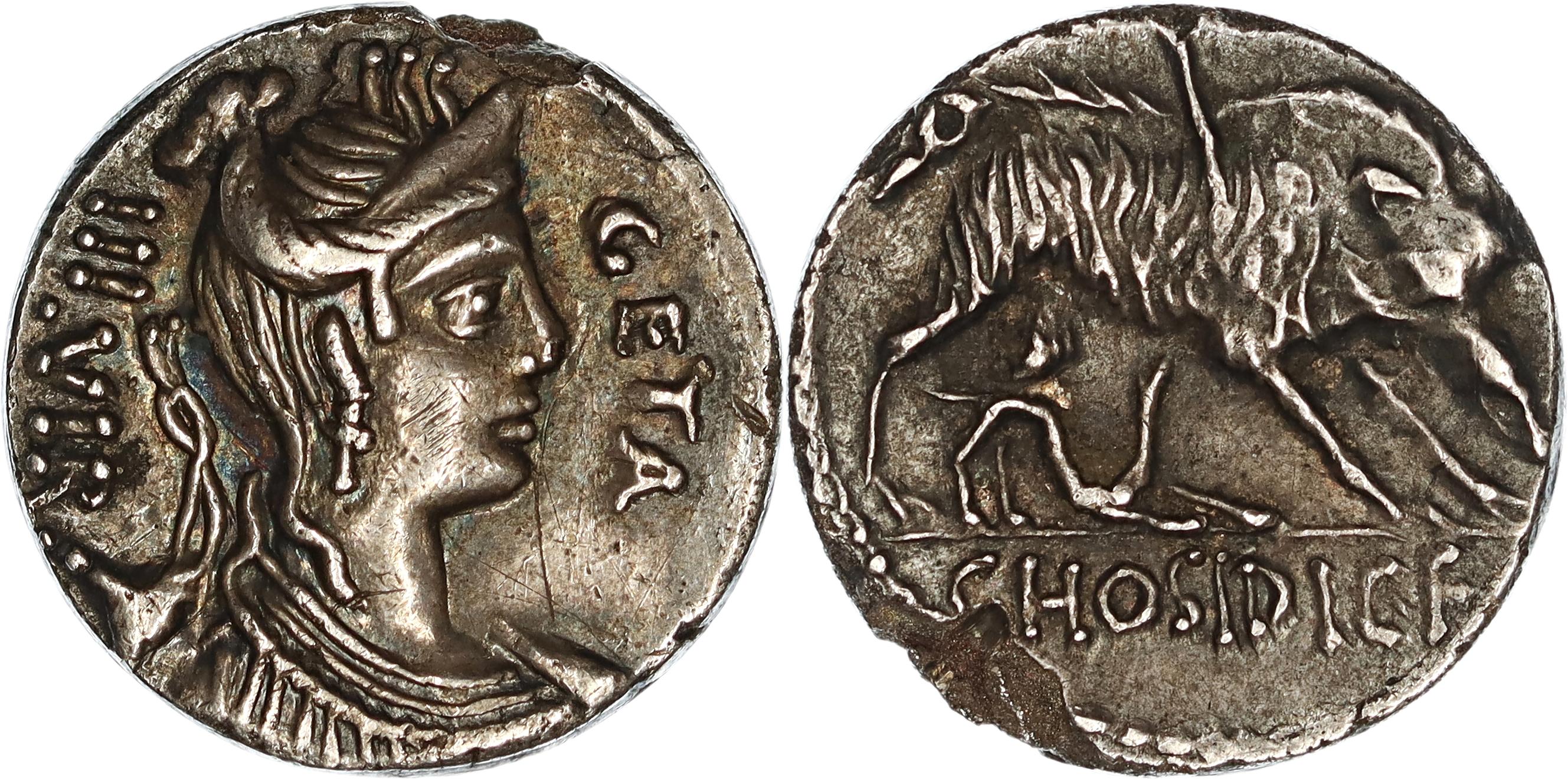 Roman Republic, C. Hosidius C.f. Geta, Silver Denarius, 68 BC, gVF