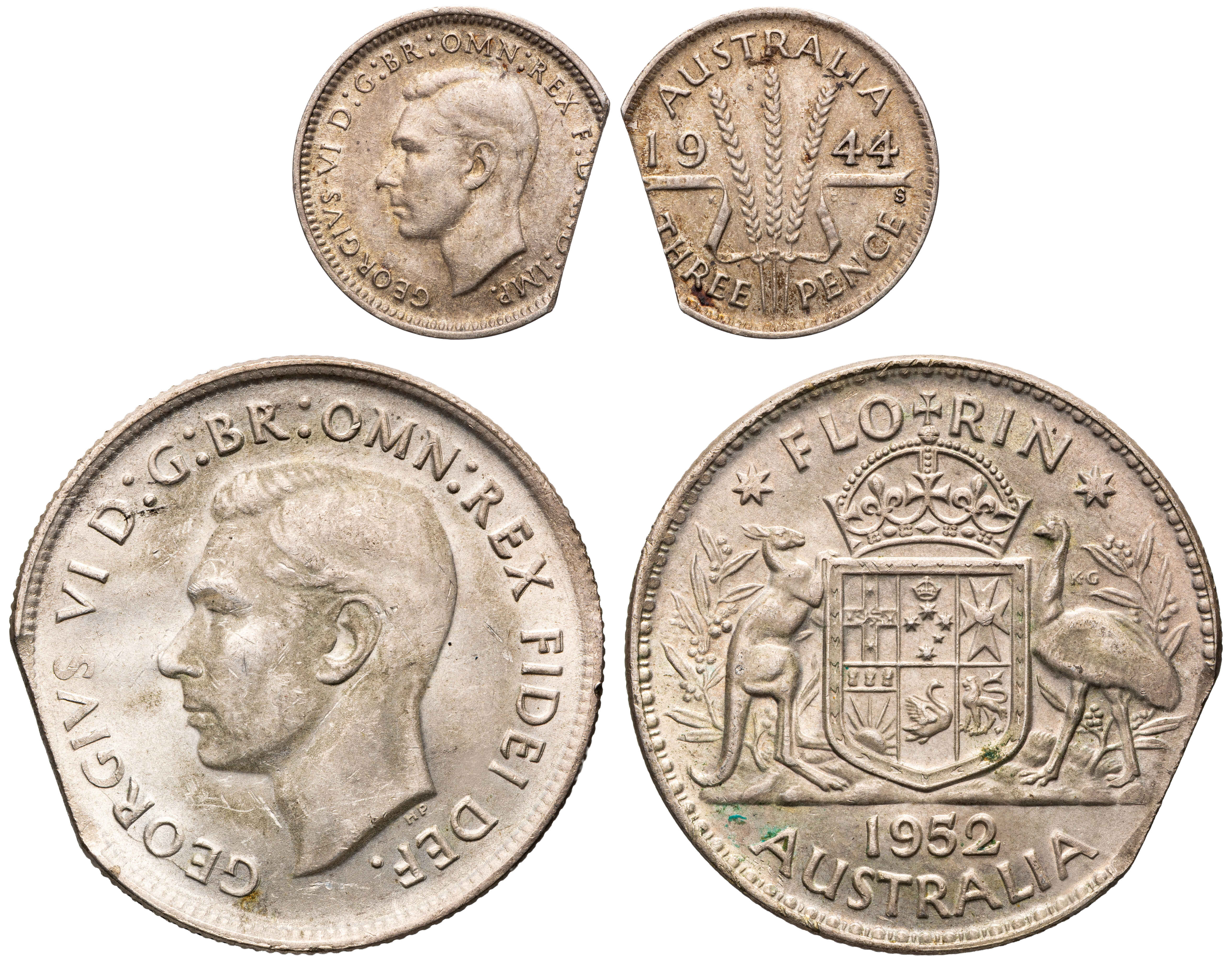 George VI, Clipped Issues, Threepence - Florin, 1944 - 1952, VF