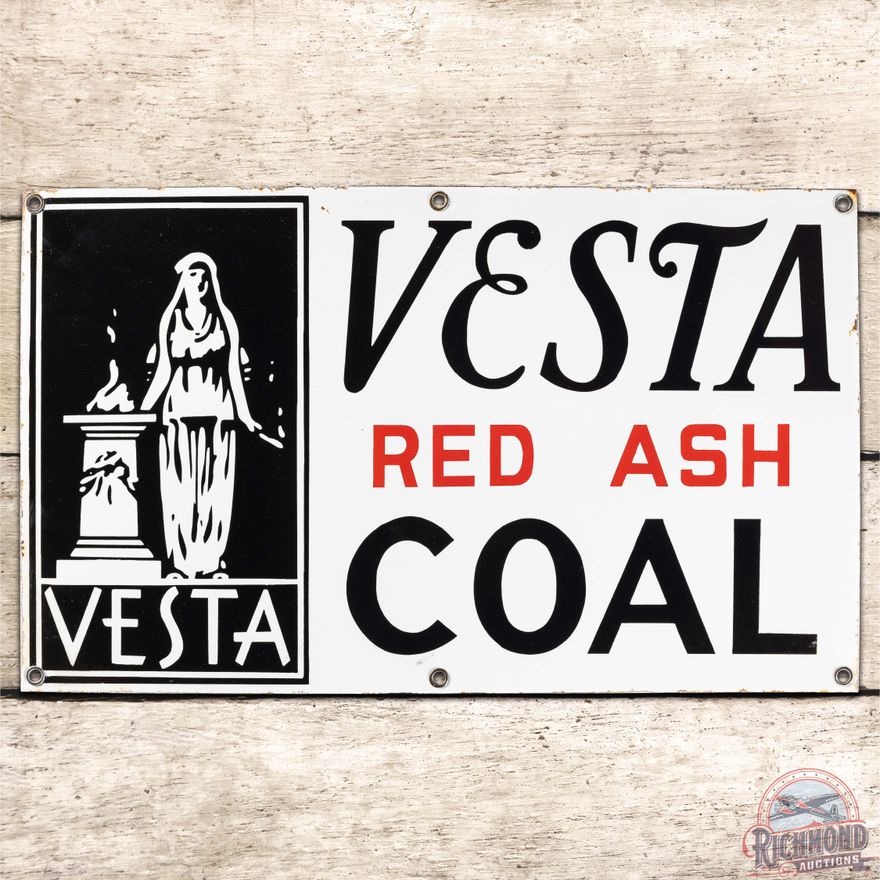 Vesta Red Ash Coal SS Porcelain Sign w/ Logo