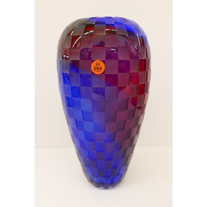 Dan Bergsma Blue Acid Cut Checkerboard Studio Glass Vase- 12''