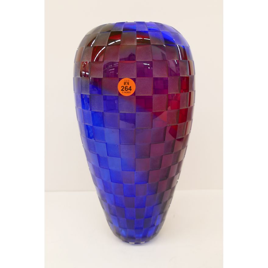 Dan Bergsma Blue Acid Cut Checkerboard Studio Glass Vase- 12''