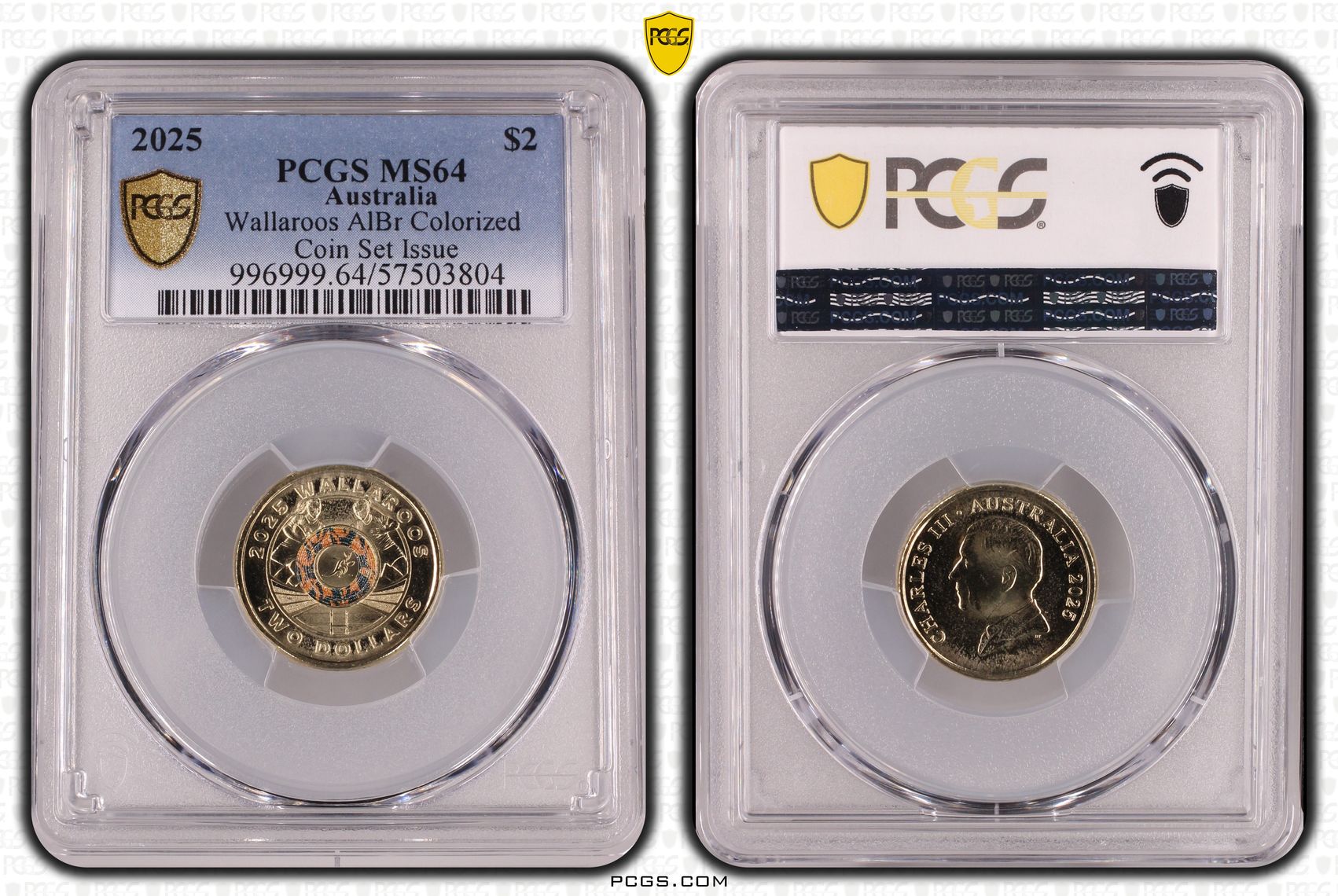 Wallaroos AlBr Colourised Coin Set Issue, Two Dollar, 2025, PCGS MS64