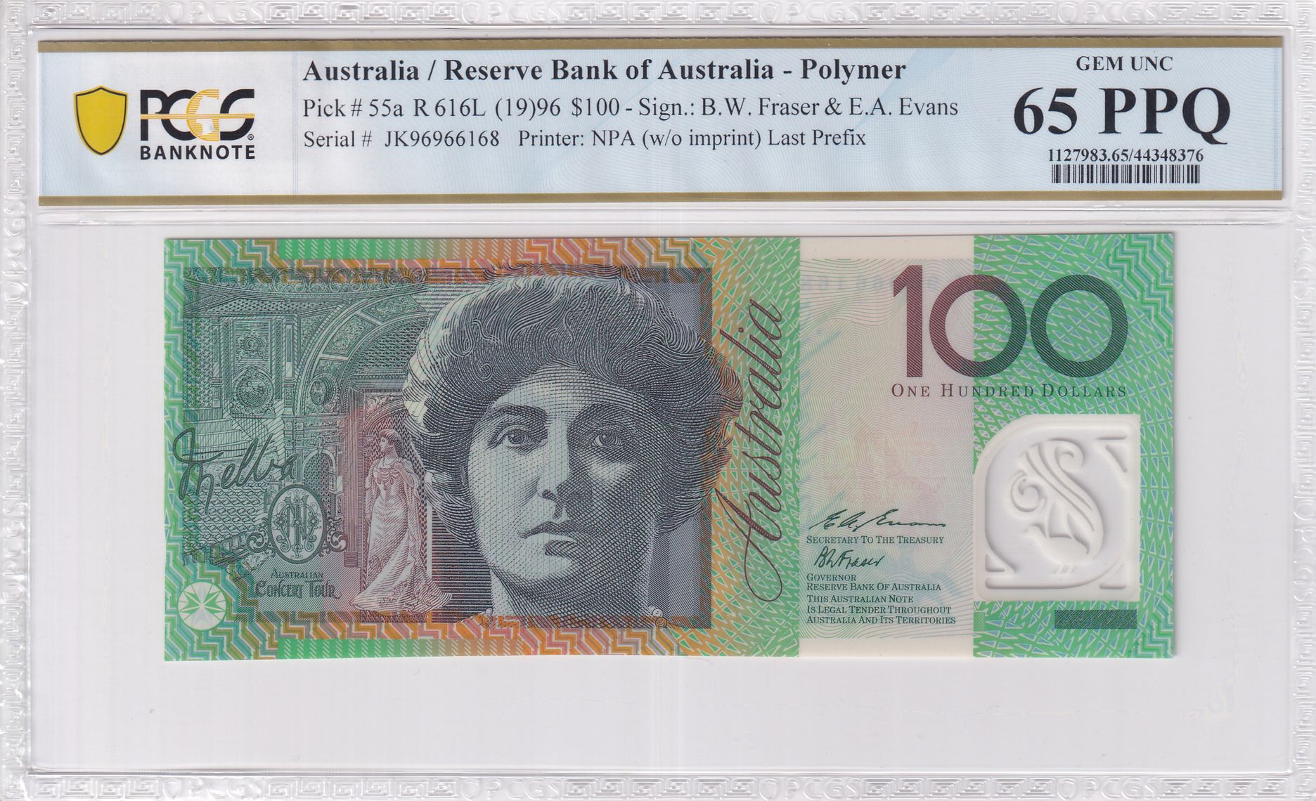 1996 $100 Fraser/Evans Gem Unc 65 PPQ Last Prefix