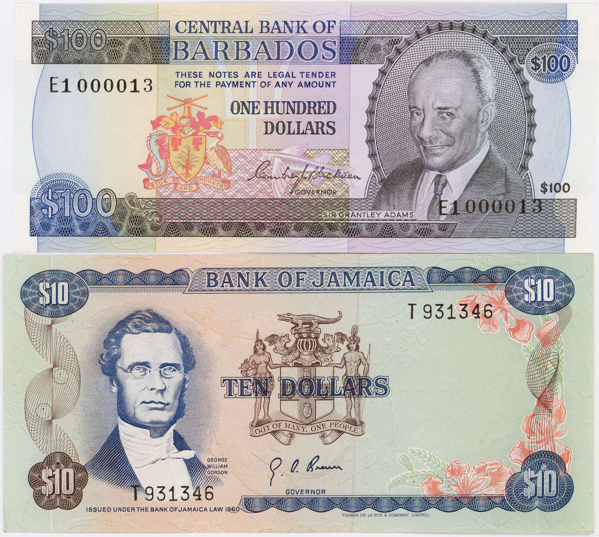 Barbados & Jamaica, Ten Dollars - One Hundred Dollars, 1986 - 1992, gVF - aUNC