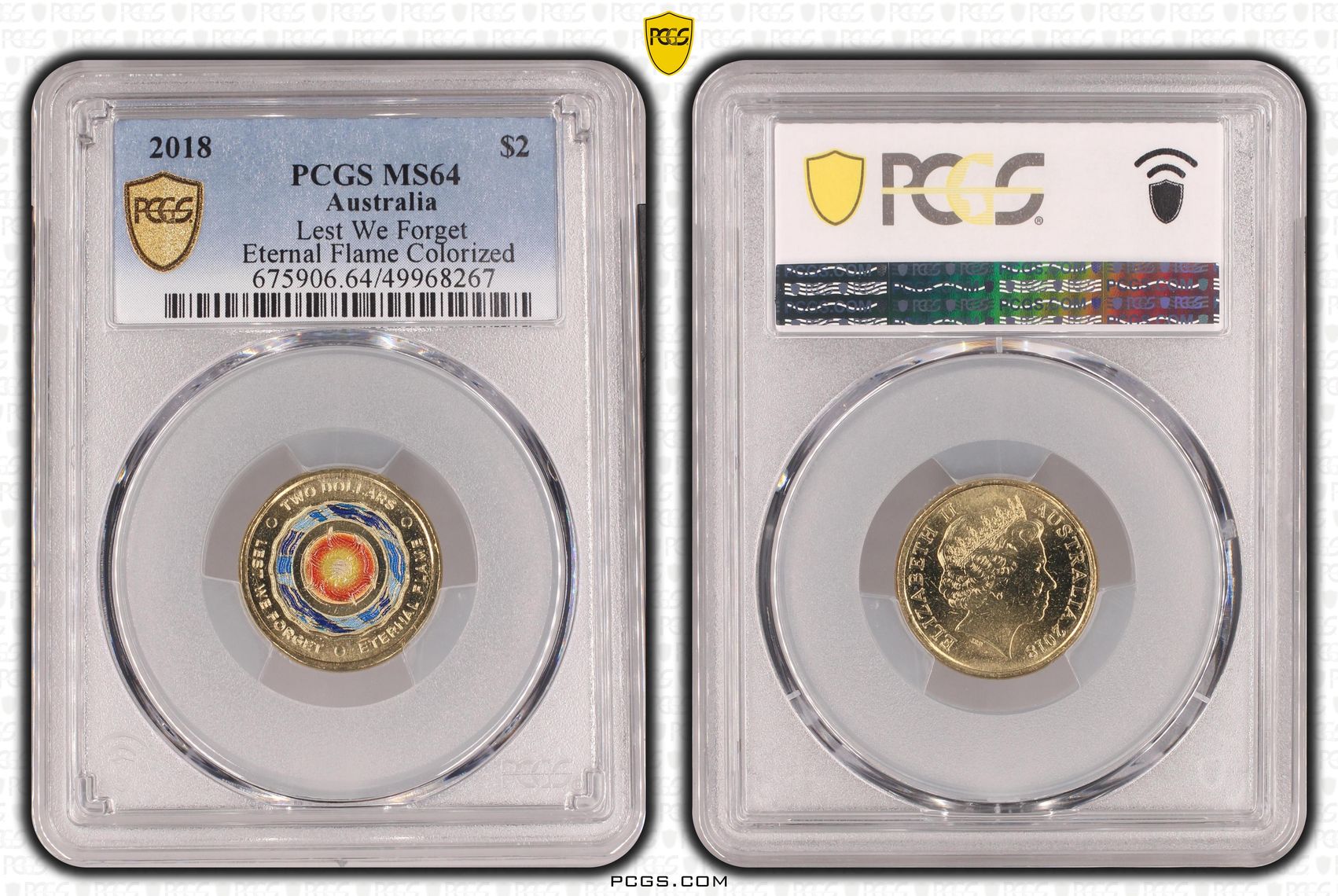 Lest We Forget Eternal Flame Colourised, Two Dollar, 2018, PCGS MS64