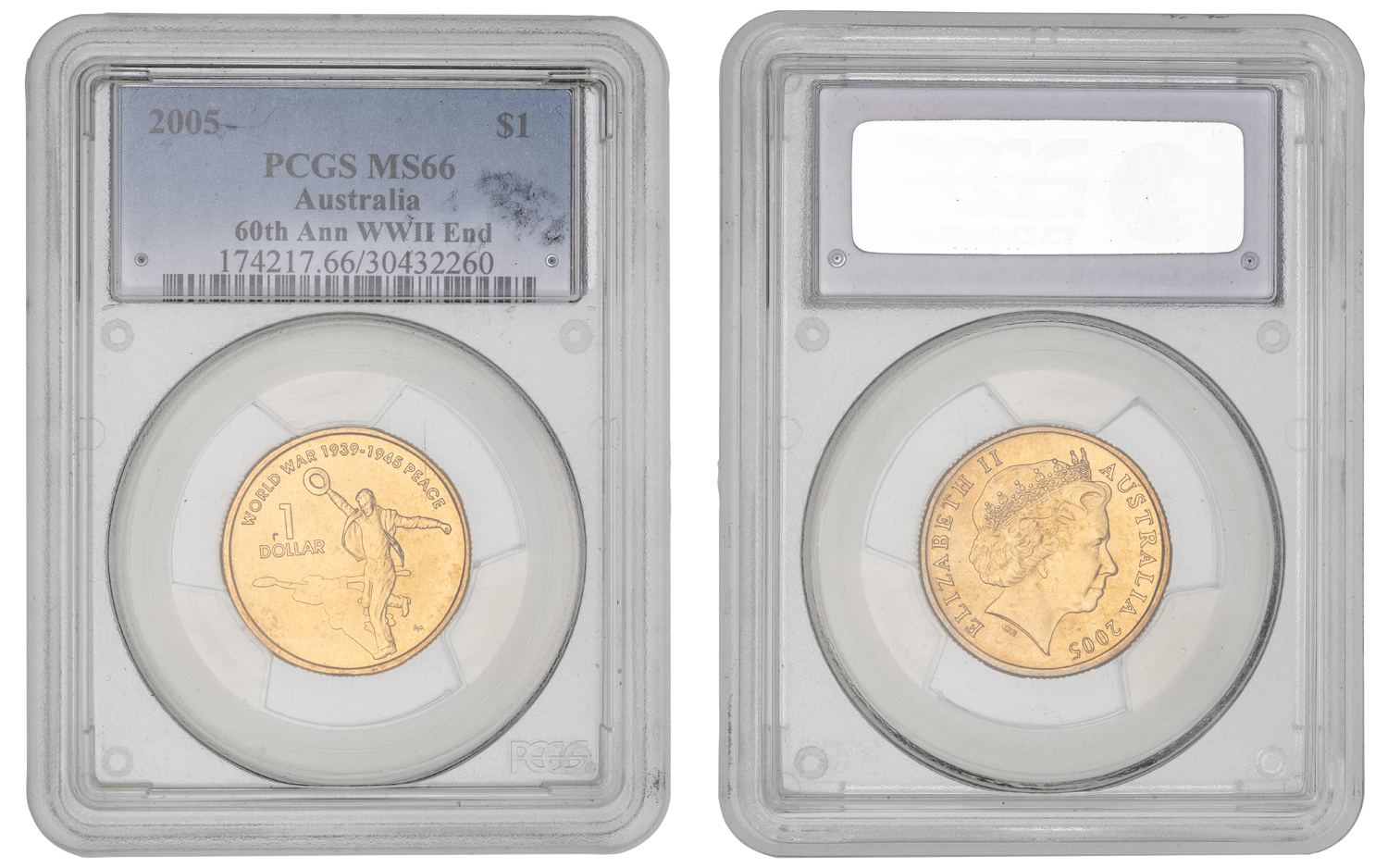 Elizabeth II, 60th Ann WWII End, One Dollar, 2005, PCGS MS66