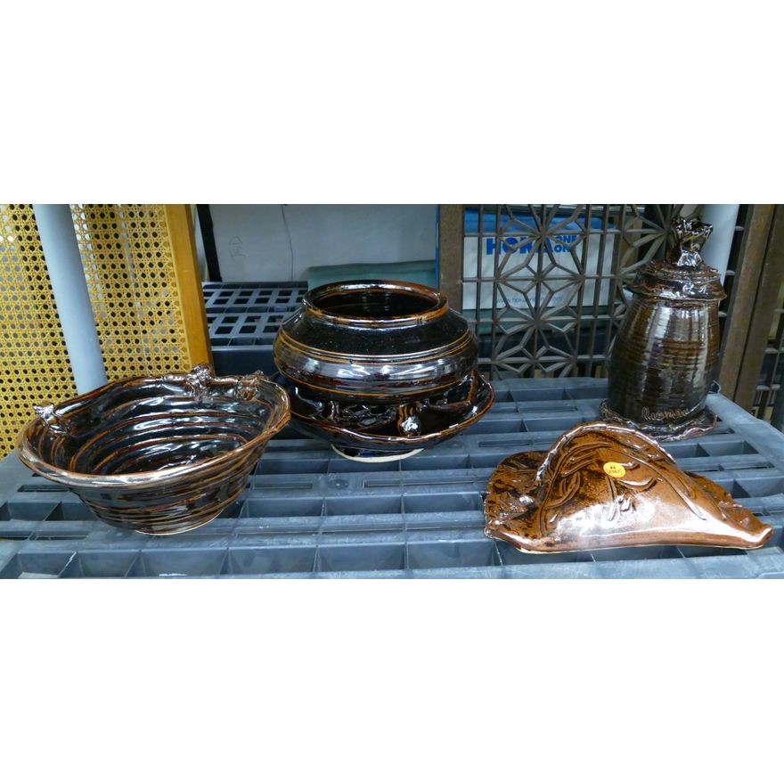Shelf 5pc Ed Brannan Tenmoku Glazed Studio Pottery 9'' Approx.