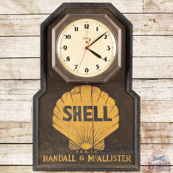 Shell Gasoline Motor Oil Wooden Sign & Telechron Clock Randall & McAllister - 7.5