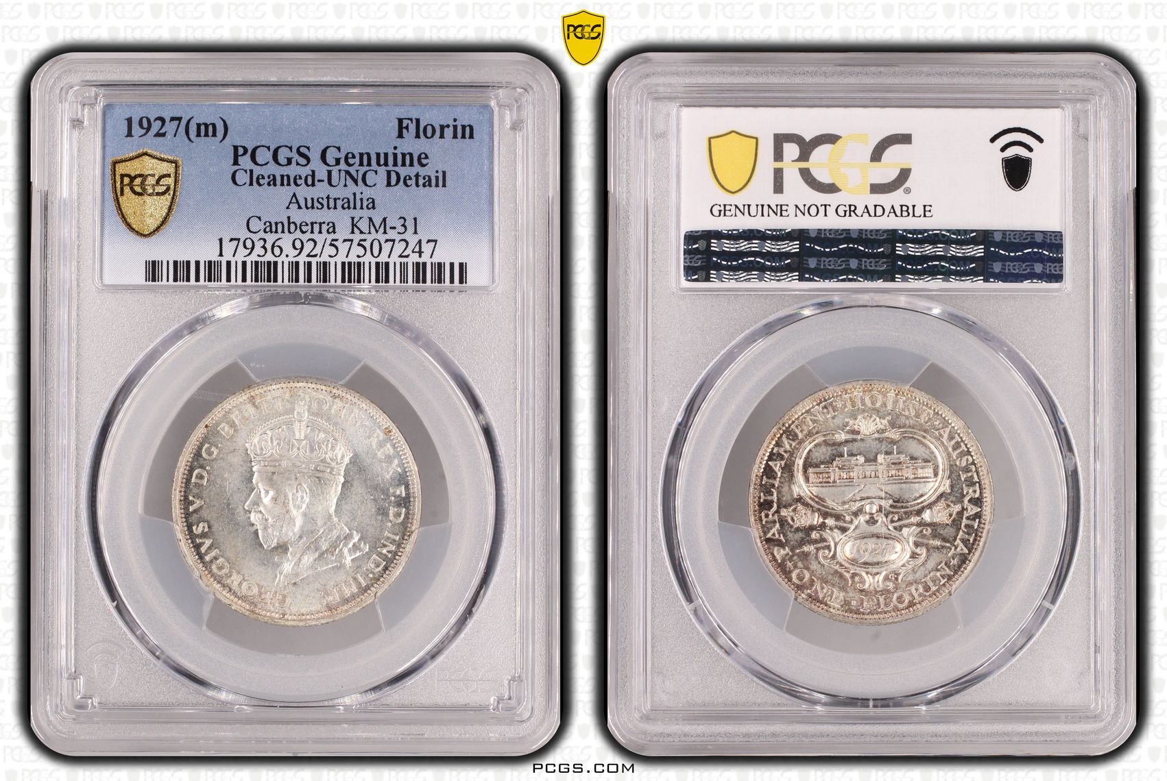 66 · Canberra, Florin, 1927(m), PCGS Genuine - UNC Details (92 - Cleaned)