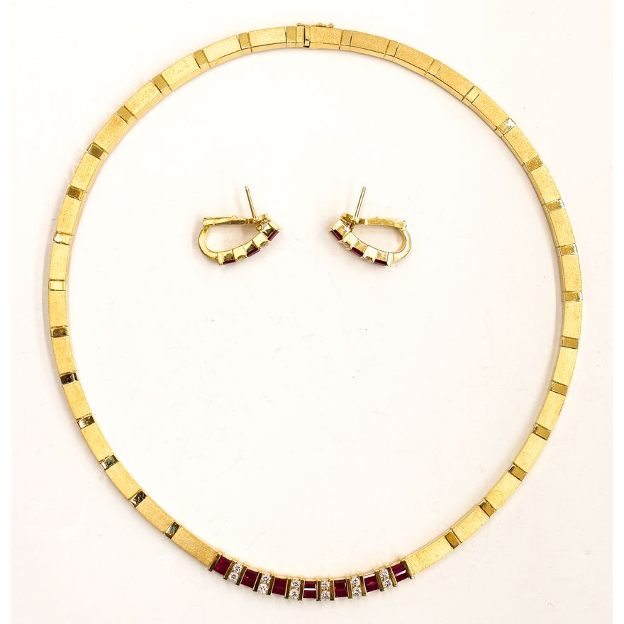 Poniros 18k Diamond and Ruby Necklace Earrings Set