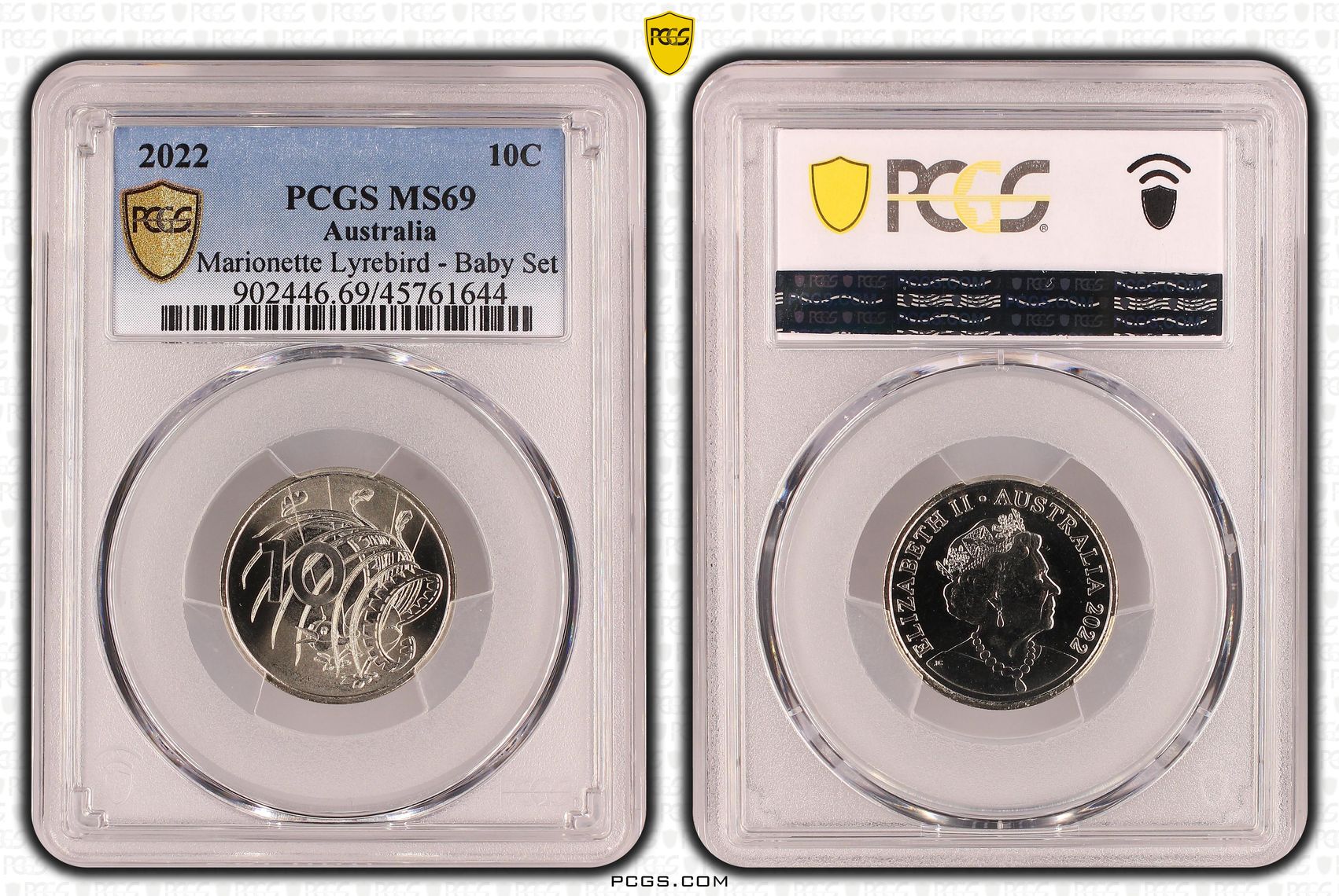 Elizabeth II, Marionette Lyrebird - Baby Set, Ten Cent, 2022, PCGS MS69