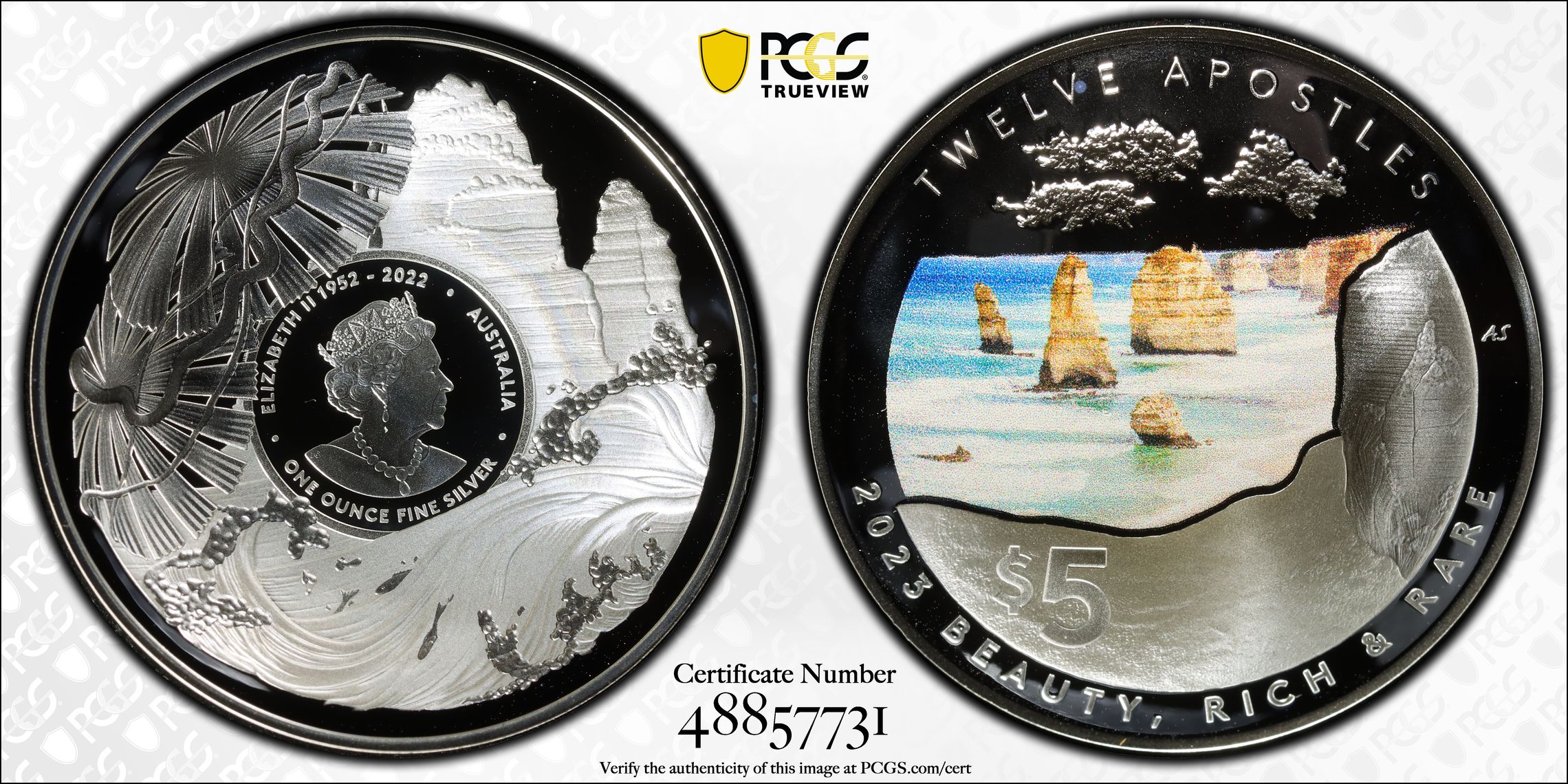 Twelve Apostles Domed Colorized, 1oz Silver, Five Dollar, 2023, PCGS PR69DCAM