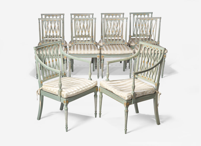 A Set of Ten George III Green and White Painted and Parcel Gilt Lattice Back Dining Chairs
