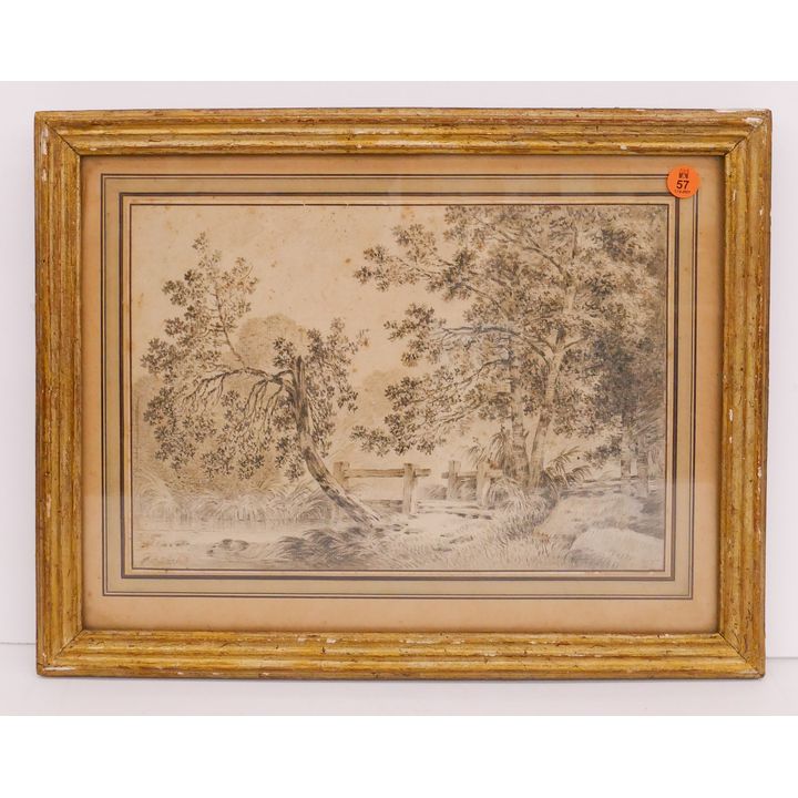 European 18th Century Bridge Scene Drawing Framed- 13x17''