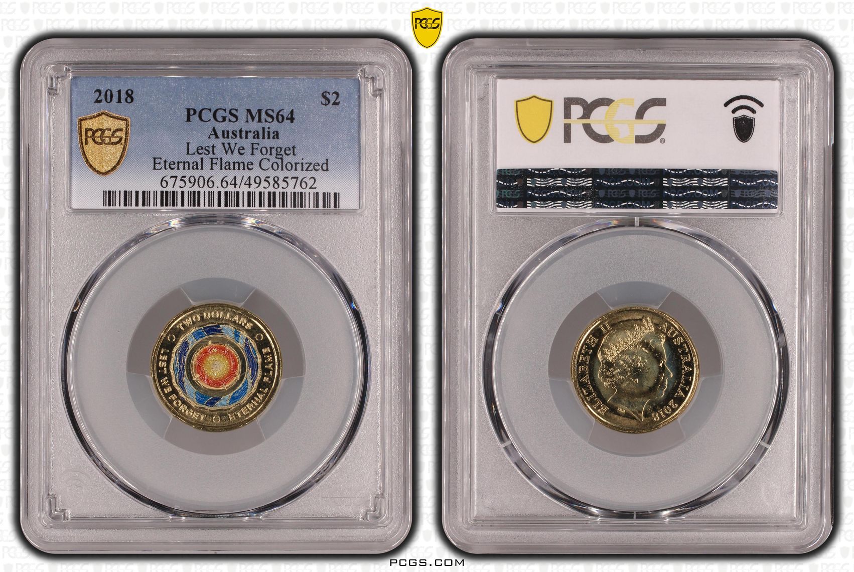 Elizabeth II, Lest We Forget - Eternal Flame Colorized , Two Dollar, 2018, PCGS MS64