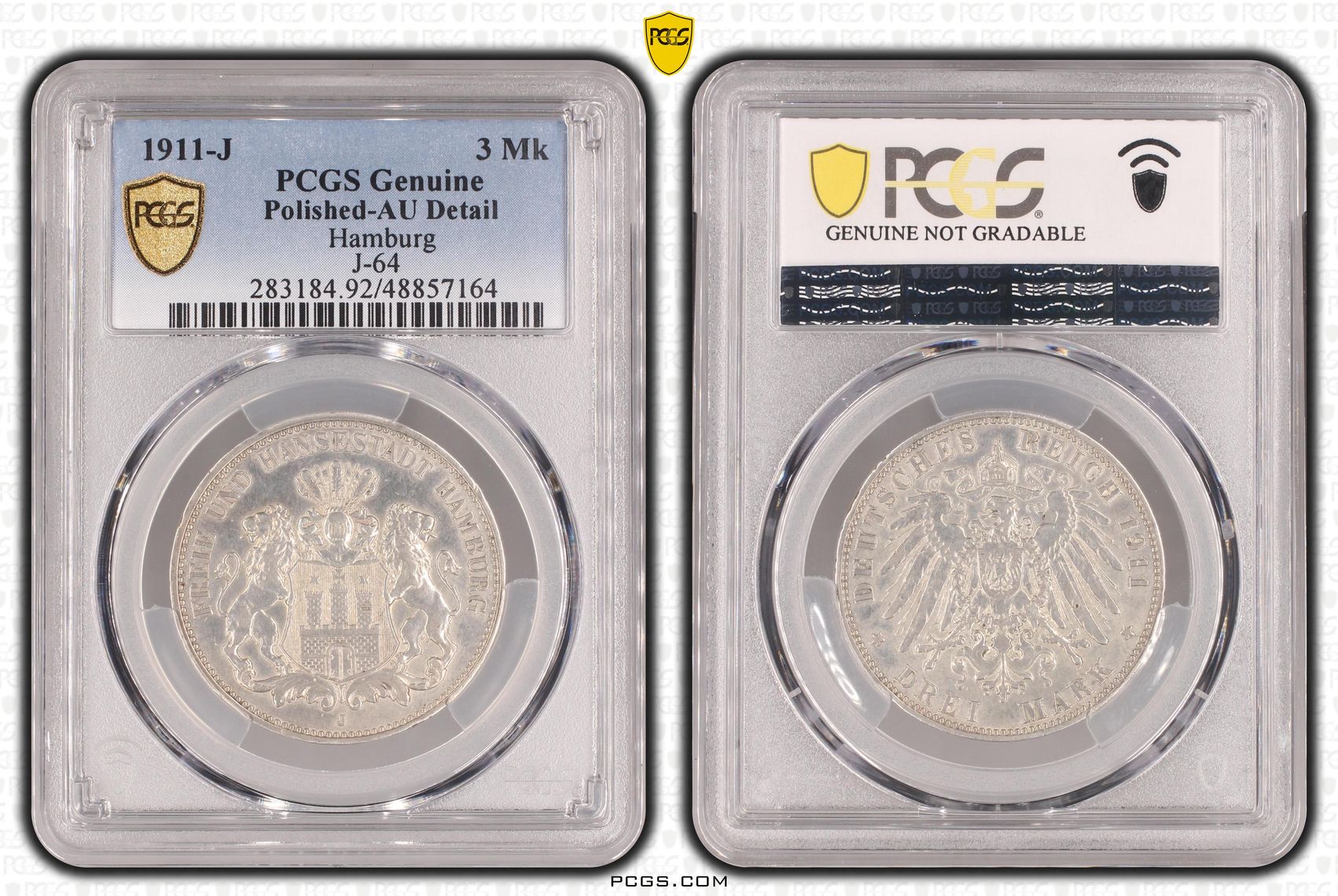 Hamburg, J-64, Three Mark, 1911-J, PCGS Genuine - AU Details (92 - Cleaned)