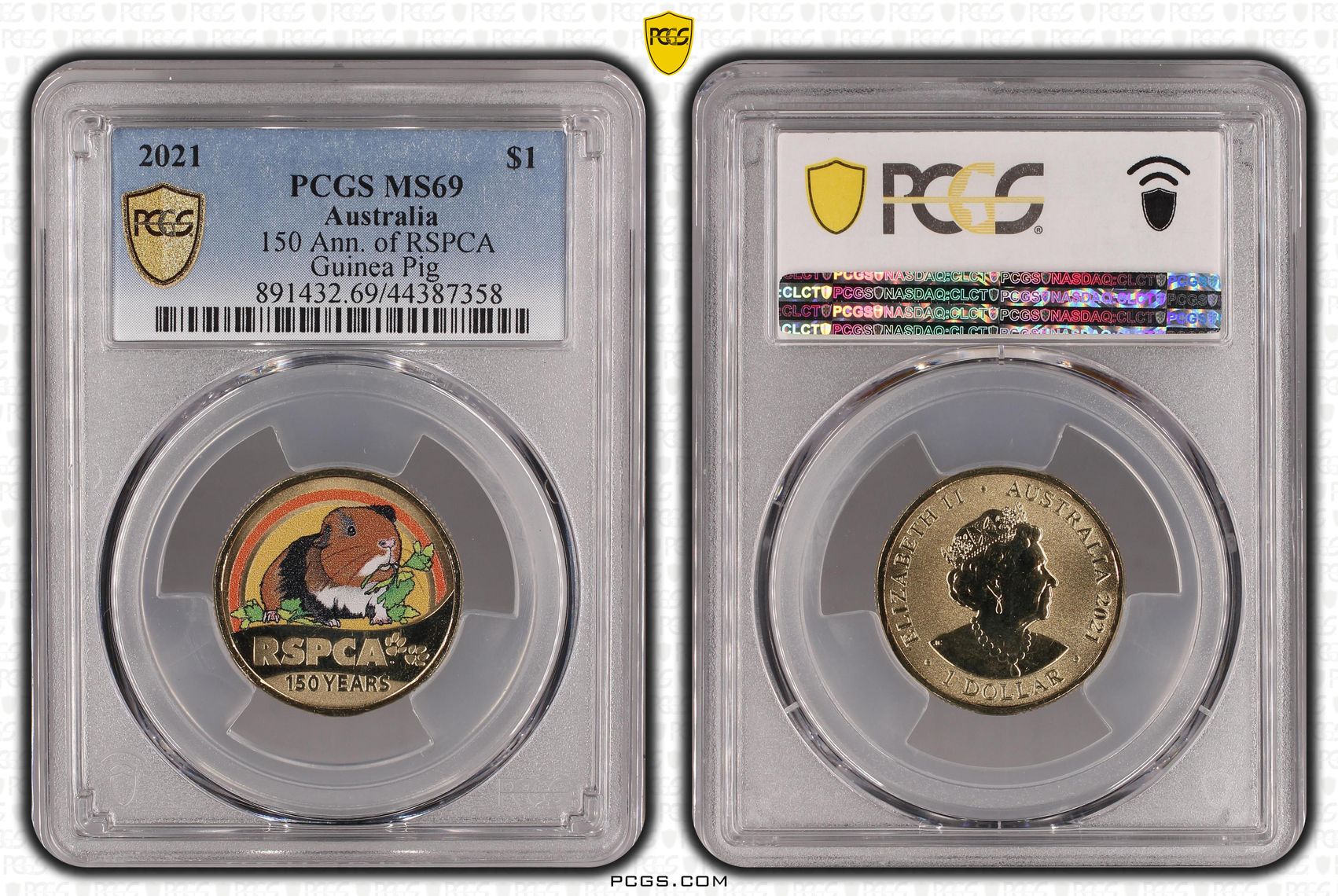 2021 Australia One Dollar, $1 150 Ann. of RSPCA Guinea Pig PCGS - MS69 POP 1/0 -358