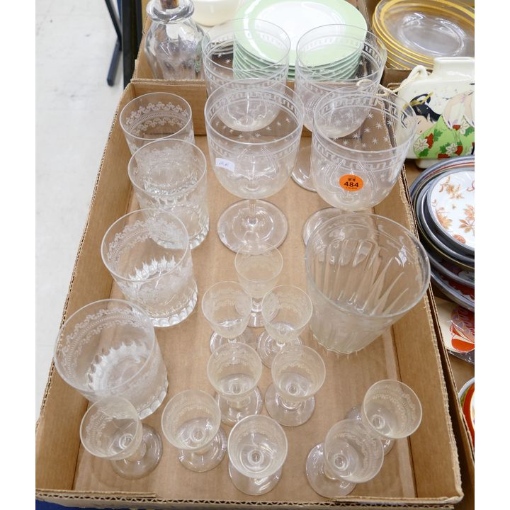 Box Antique Etched Glass Stemware Etc