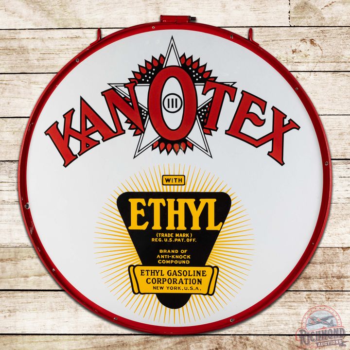 Kanotex Ethyl Gasoline 42" Double Sided Porcelain Sign w/ Logo & Ring